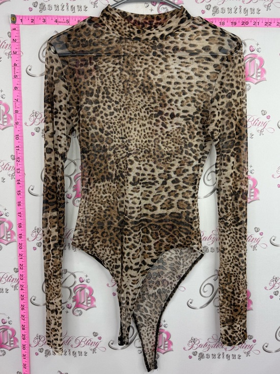 Seductions Tops - Seductions bodysuit mesh Leopard Print Long-Sleeve Mesh Bodysuit - Beige